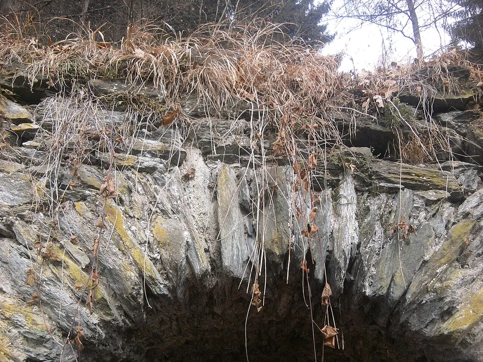 Close view of the arch, built of thin flat stones set on edge, with dry grass hanging over the top of the wall.
