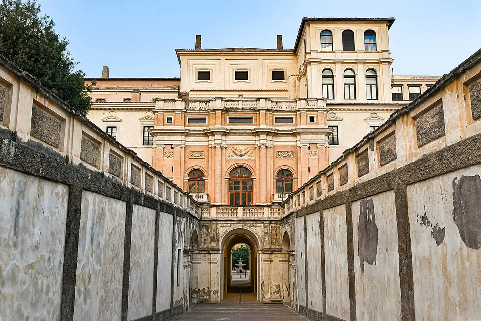 A long paved passage between two high plastered walls leads to a pale palace front with an arched doorway at the bottom, tall windows above and a square tower rising at the top right.