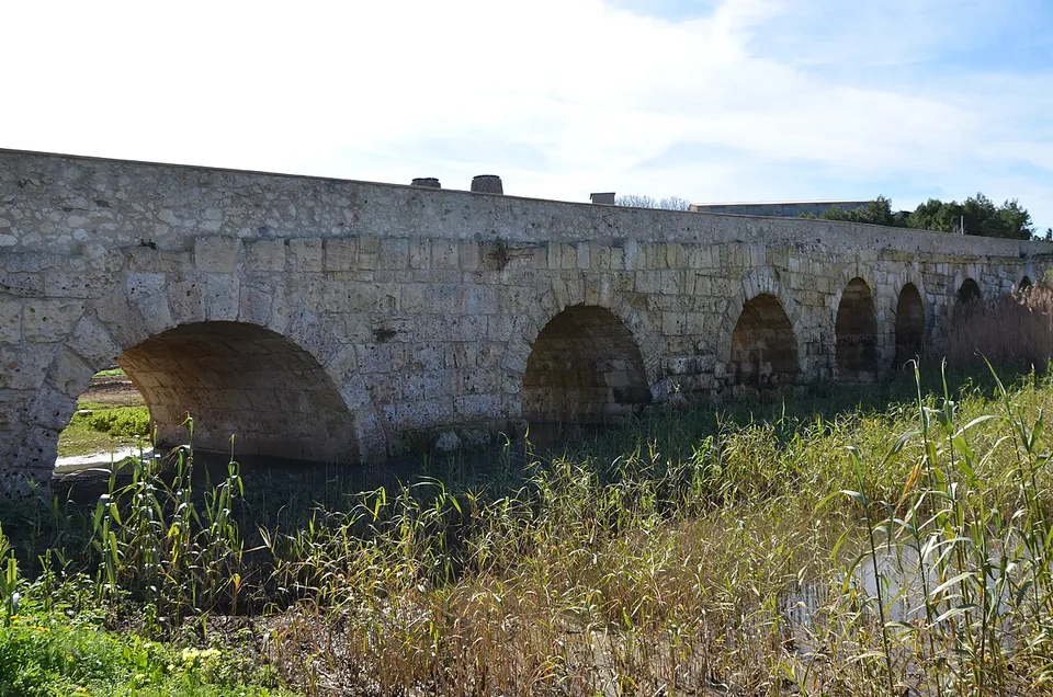 The bridge seen side-on from the reedy riverbank, a long row of round arches in pale squared stone blocks, the nearest arch the largest and the others growing smaller along its length.