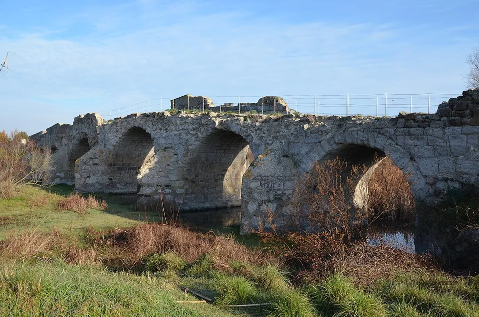 Several round stone arches of the bridge seen close to, standing in still water among reeds and grass, a metal fence running along the top of the deck.