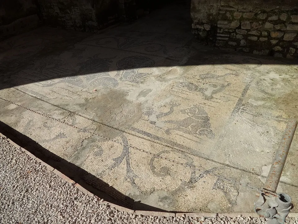 A black-and-white mosaic floor with figures and curling plant tendrils, half in shadow, edged by a strip of gravel.