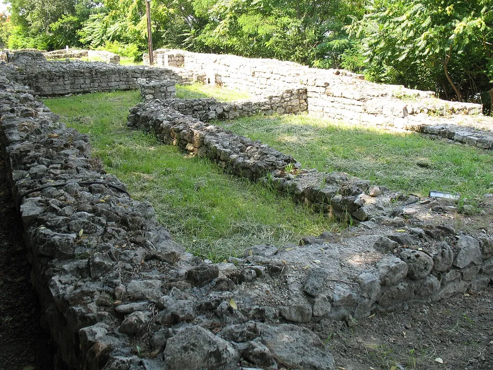 Low walls of rough grey stone outlining rectangular rooms on a grassy terrace, with a longer, higher stretch of wall behind and trees all around.