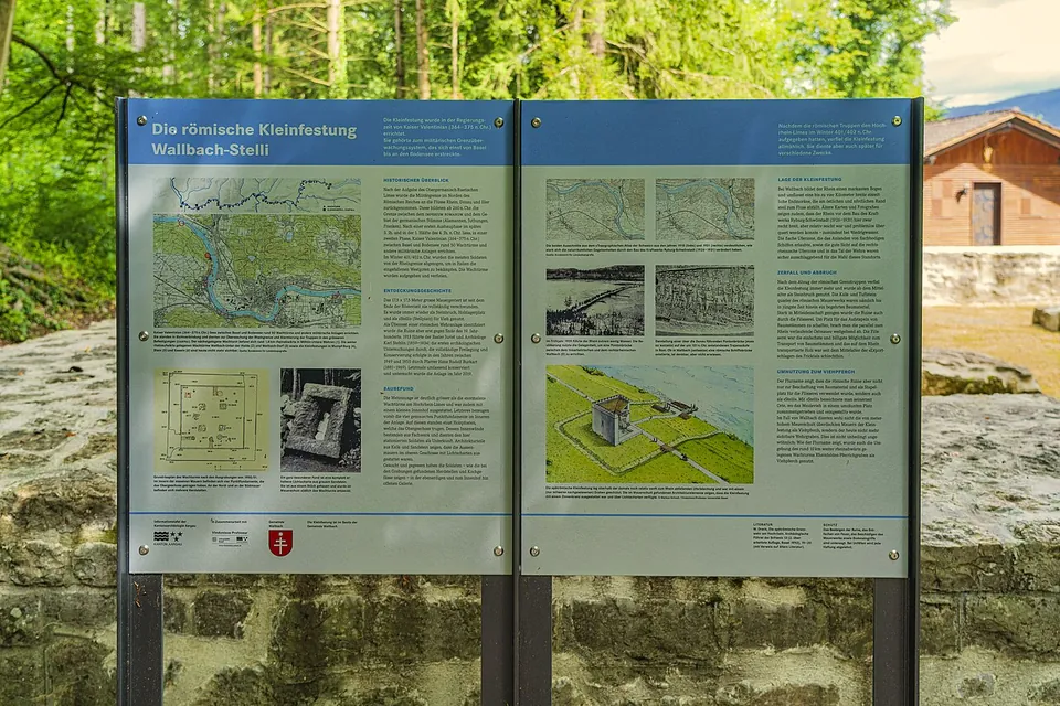 A two-panel information board headed "Die römische Kleinfestung Wallbach-Stelli", with maps, a plan, photographs of the excavation and a reconstruction drawing.