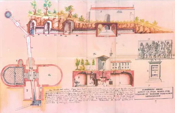 An old watercolour survey sheet in pink and ochre. At the top, a cut through the hillside shows vaulted underground rooms beneath a church; below, a plan of the underground rooms with a long narrow channel, next to a drawing of a carved panel with figures and an inscription.