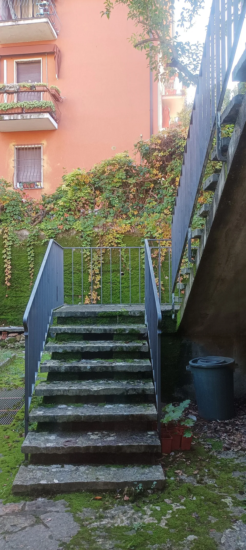 A narrow flight of stone steps with dark metal railings between a pink apartment building and a garden wall overgrown with creeper, a metal staircase rising on the right.