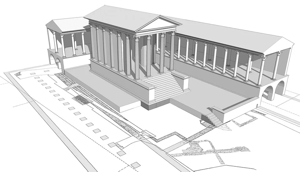 A grey and white architectural drawing of a temple with a columned front and a broad flight of steps, raised on a podium and flanked by colonnaded porticoes, drawn over a plan of excavated foundations.