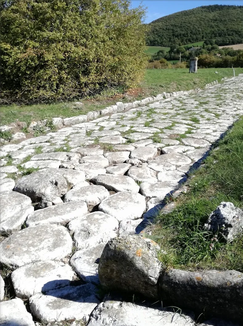 A straight strip of road paved with large, worn, irregular white stone blocks, edged with grass and bushes, running away towards a wooded hill.