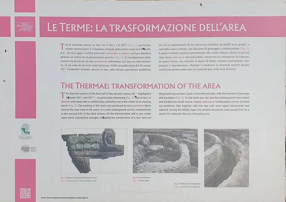 An information board headed "Le Terme, la trasformazione dell'area" with Italian and English text and three photographs of an excavated bath building with a curved, apsed room.