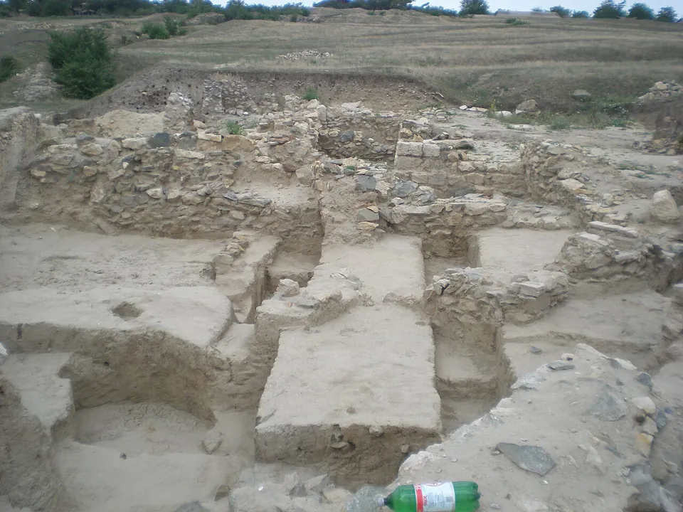 Excavated walls of rough stone dividing a broad trench into rooms with flat earth floors, on a dry grassy plateau.
