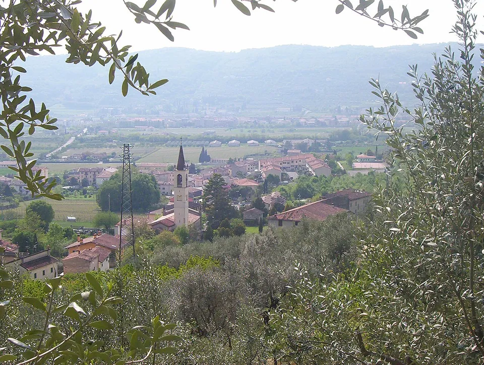 A village of red-roofed houses and a slender bell tower with a pointed spire on the valley floor, seen from a hillside through olive branches, with flat farmland and a line of hills beyond.