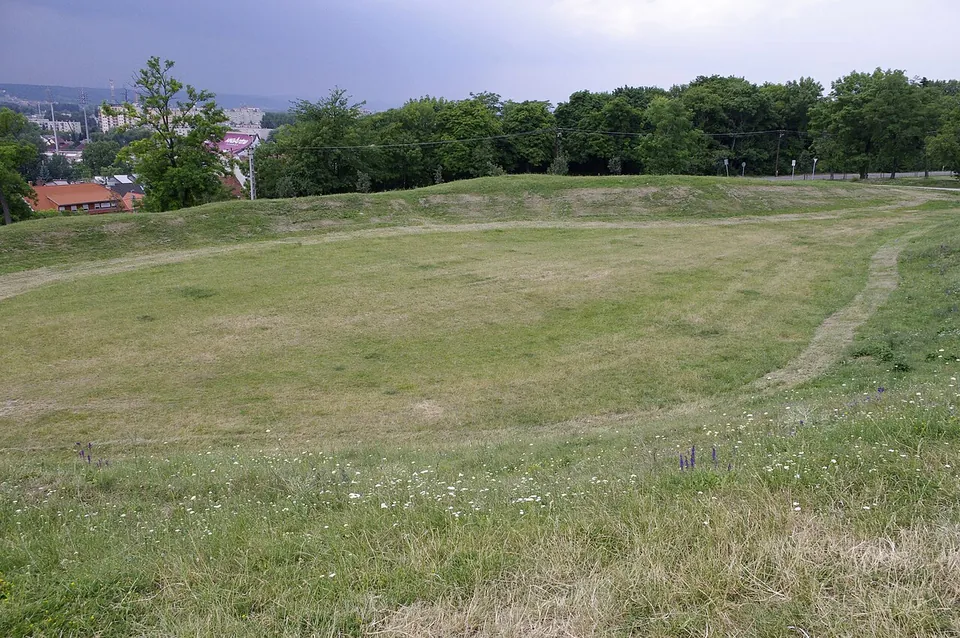 A broad grassy hollow ringed by a low grass-covered bank, with trees along its far rim and houses beyond.