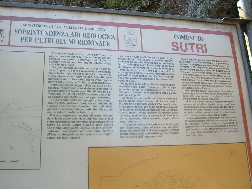 An information board headed by the Soprintendenza Archeologica per l'Etruria Meridionale and the Comune di Sutri, with three columns of Italian text describing the amphitheatre and a plan below.