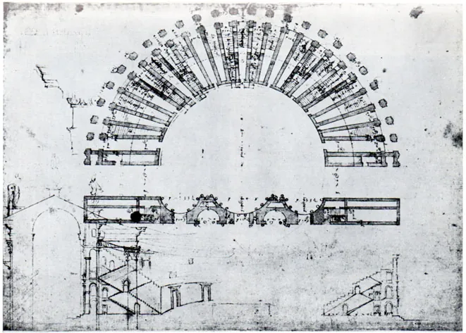 An old architectural drawing showing the half-circle of a theatre's seating, its radiating walls drawn in plan, with the long stage building below and a cross-section of the tiers at the bottom of the sheet.
