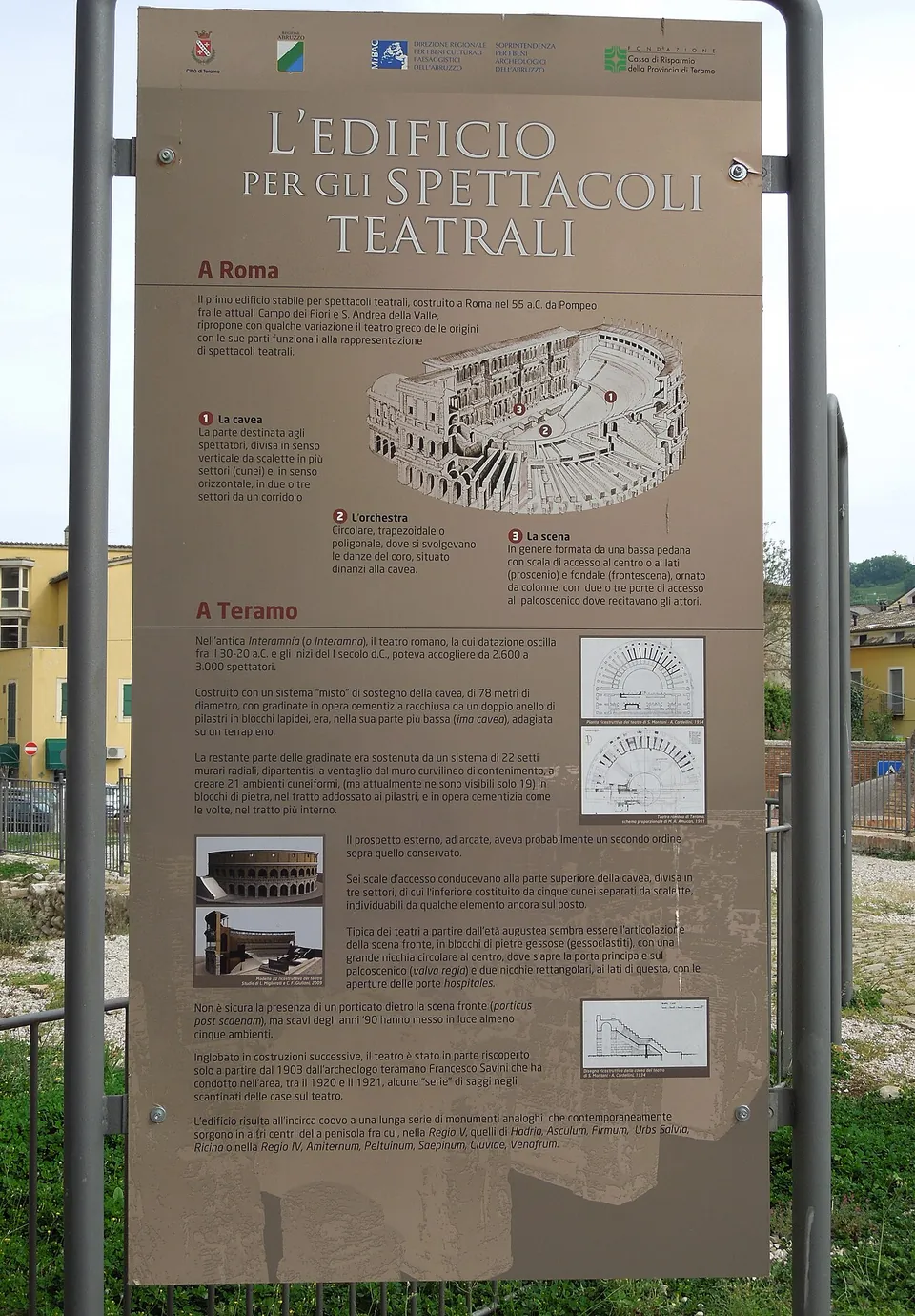 A tall information board on two metal posts, headed "L'edificio per gli spettacoli teatrali", with a cutaway drawing of a Roman theatre, plans and reconstruction images, and Italian text in sections "A Roma" and "A Teramo"; a railing and the grassy site are behind.