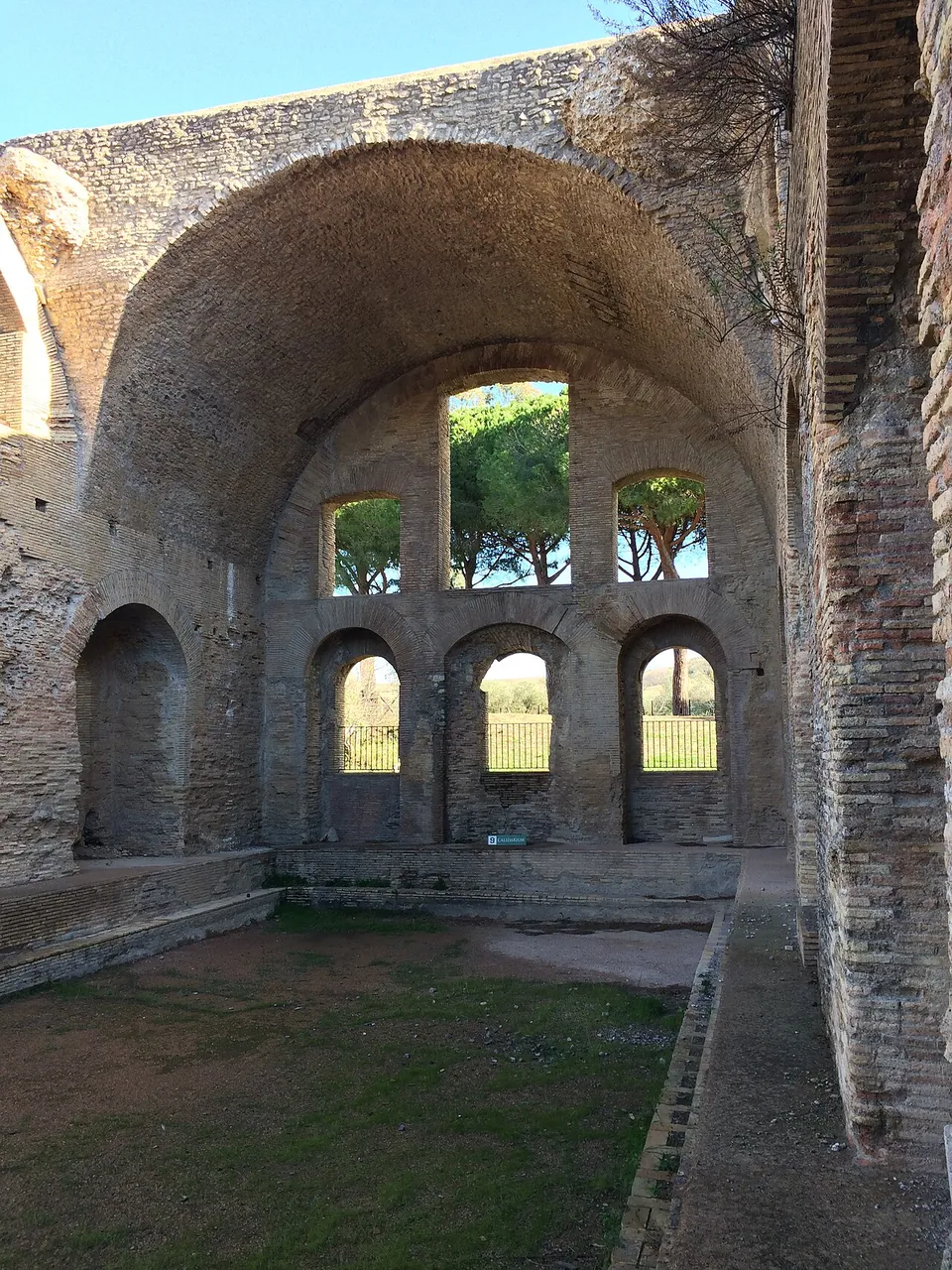A tall hall of brick and stone under a surviving barrel vault, its end wall pierced by two rows of arched windows with trees showing through, and grass on the floor.
