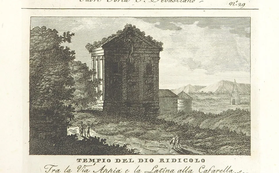 An engraving of a square temple-like building with columns along one side, standing in open countryside with low farm buildings and distant mountains, captioned "Tempio del Dio Ridicolo".
