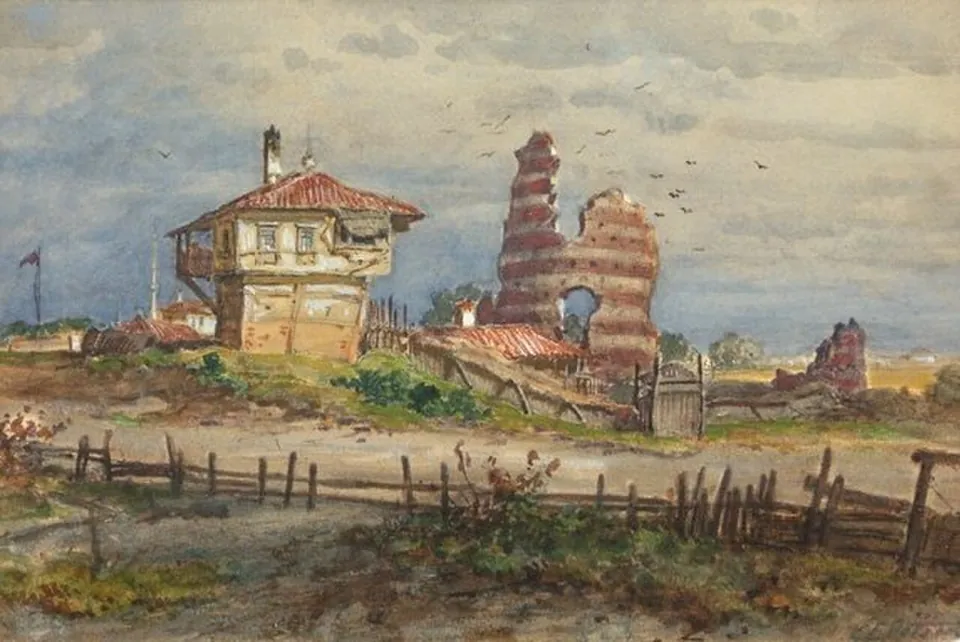 A 19th-century engraving of a tall ruined tower standing above a village, with small figures and houses in the foreground.