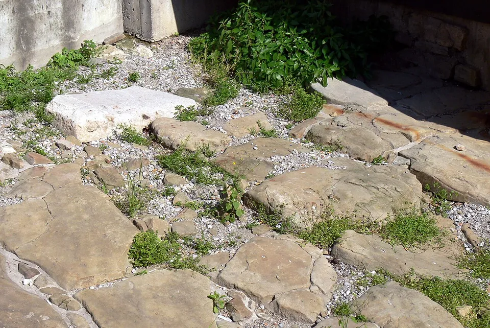 Large worn paving slabs of irregular shape set among gravel and weeds.