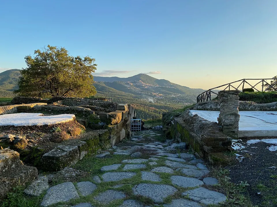 A path of large, uneven paving stones running between low excavated walls, some covered with white sheeting, with a railing on the right and wooded hills on the horizon.