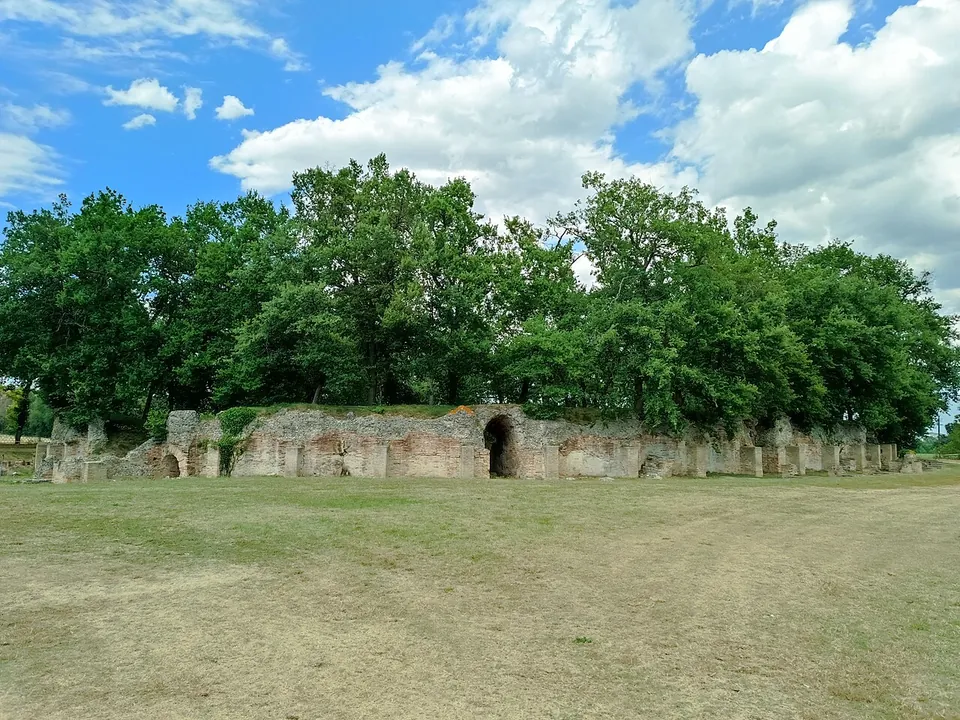 A long, low curving wall of brick and concrete with an arched opening in the middle, standing at the edge of a mown field with a belt of tall trees behind it.