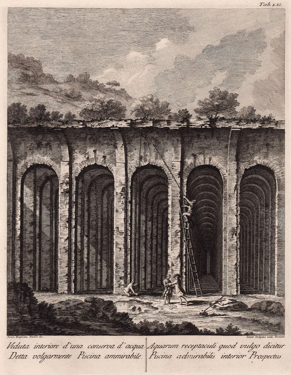 An 18th-century engraving of the cistern opened up in section, five tall arched aisles side by side under a ground line with trees, two small figures and a ladder on the floor, and a title in Italian and Latin below.
