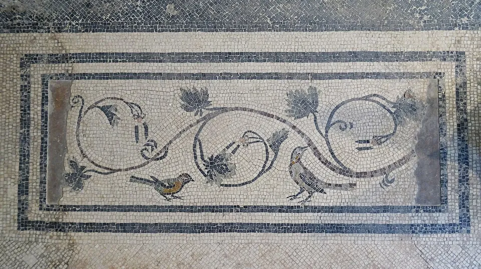 A rectangular mosaic panel framed in dark tesserae on a white ground, filled with a winding vine stem with dark leaves and curling tendrils, and two small coloured birds standing among them.