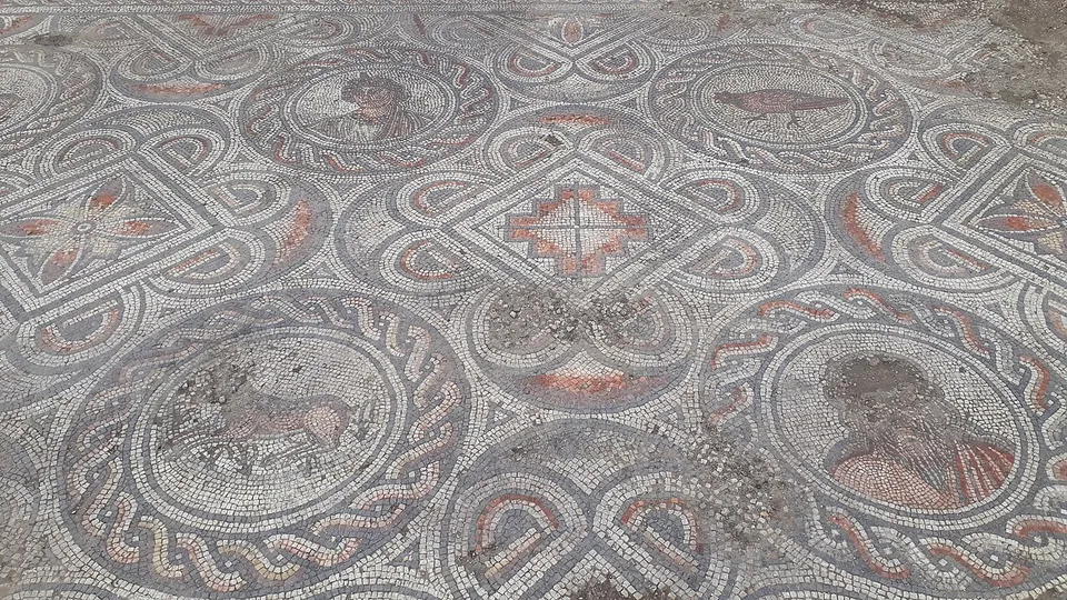 A mosaic floor of interlaced grey, white and red bands forming circles and squares; the circles hold small pictures, among them a bird and a bearded head, and the squares hold red geometric stars.