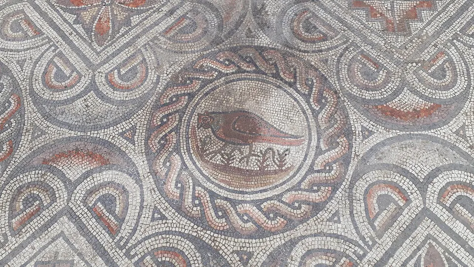 Close-up of one mosaic roundel framed by a twisted cable border, showing a bird in brown and red tesserae standing over small plants, with looping red and grey bands around it.