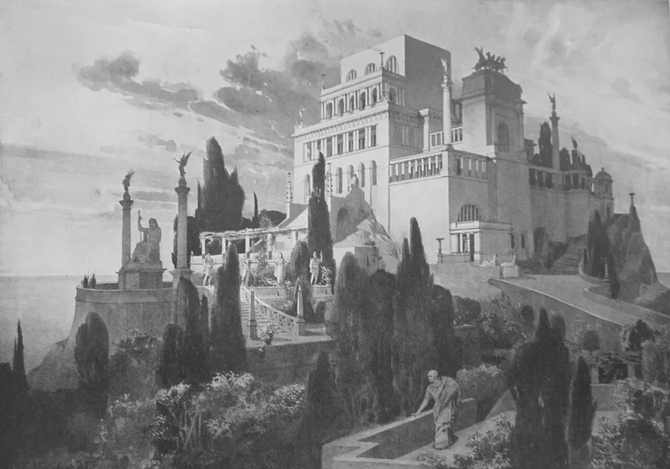 A black-and-white drawing of an imagined palace of many storeys on a clifftop, with terraces, statues on columns and cypress trees.
