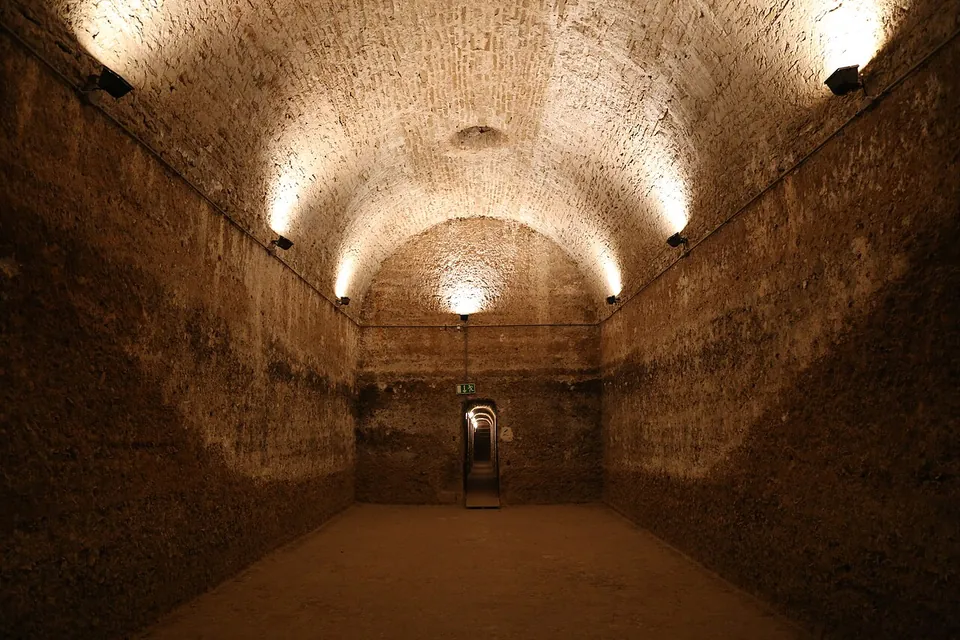 A long, empty underground chamber with a barrel-vaulted ceiling and rough concrete walls, lit by small lamps along both sides, with a narrow doorway at the far end.