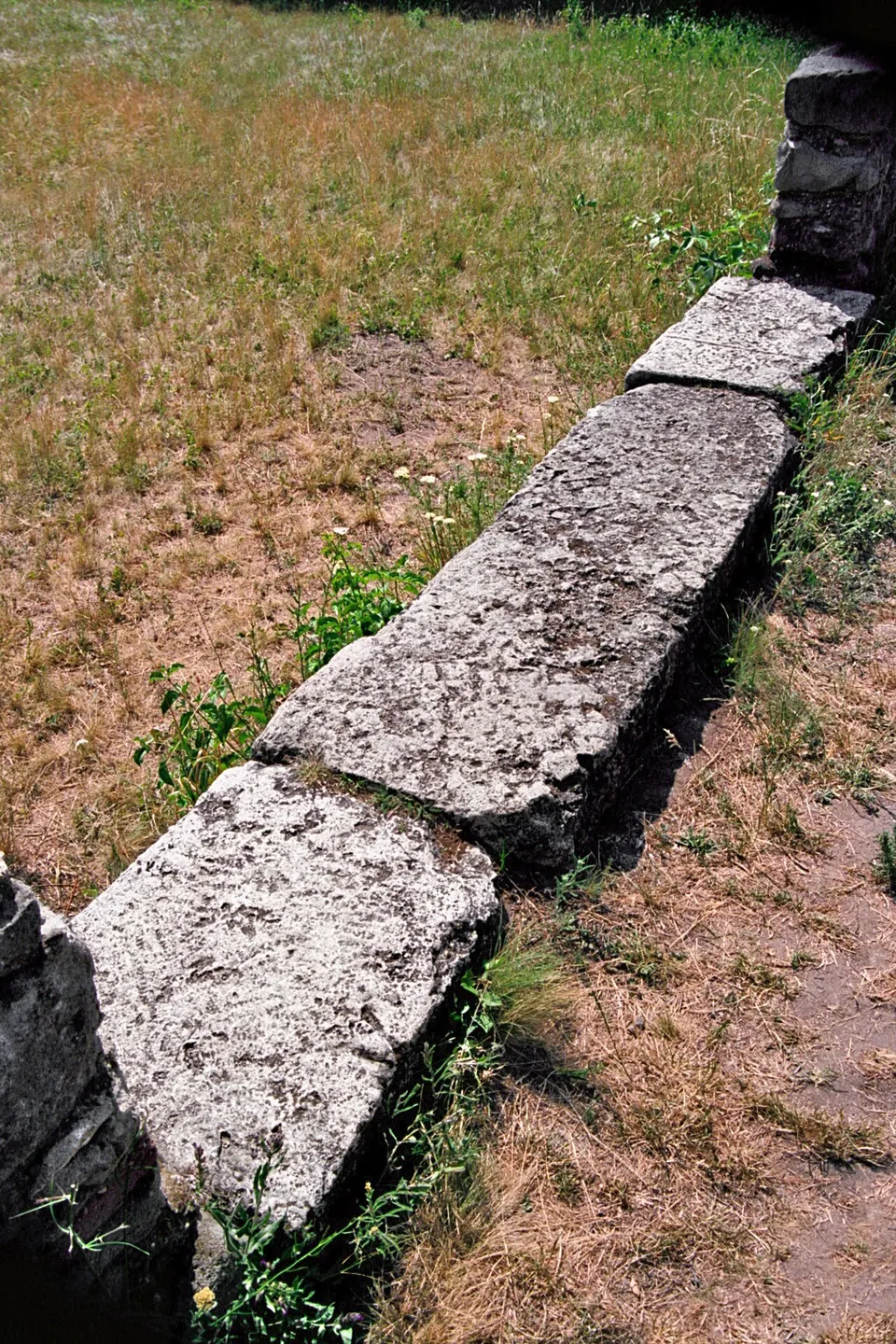 A row of large, worn limestone blocks set end to end in dry grass, ending at a low wall.