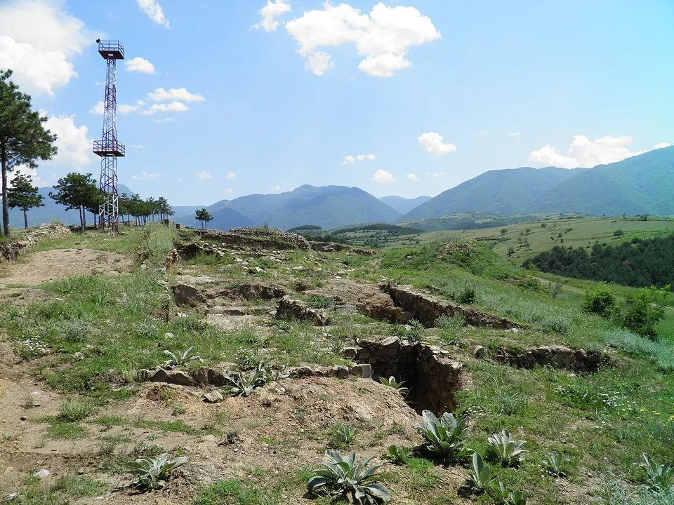 Excavated stone foundations running across a grassy hilltop dotted with thistles, a metal lattice tower on the left and forested mountains behind under a summer sky.